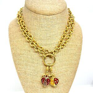 VINTAGE ERWIN PEARL HEART CHARM NECKLACE GOLD TONE ENAMEL RED YELLOW DOUBLE LINK